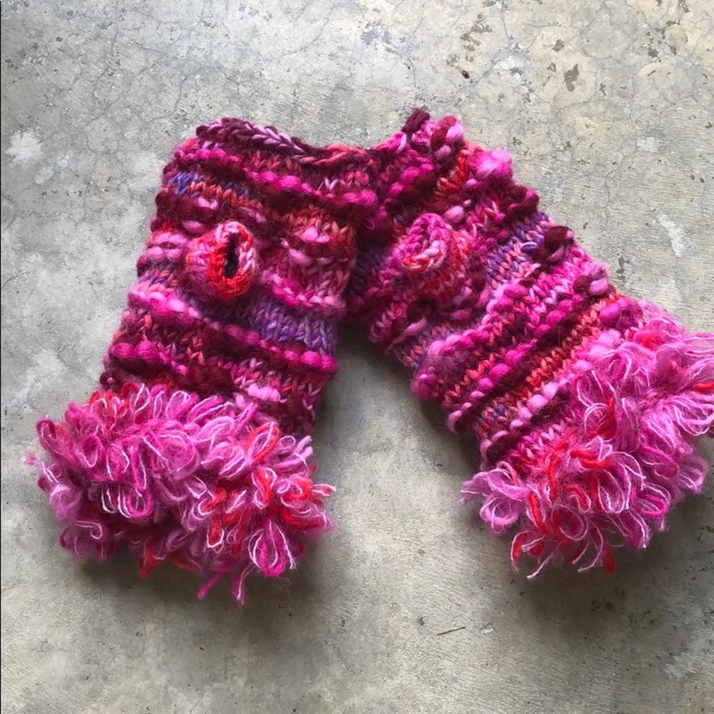 Cute Pink Fingerless Mittens w/ Loop Accent Wrist
